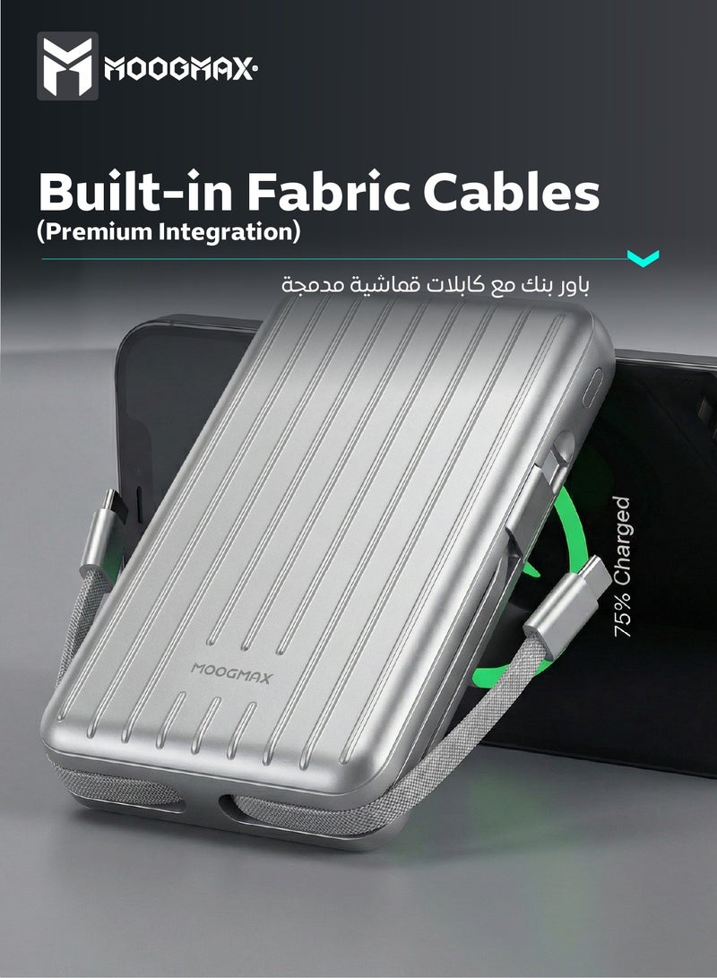 موجماكس باور بنك بسعة 10000 مللي أمبير. باور بانك صغير لاسلكي مغناطيسي (ماج سيف). شاحن متنقل صغير بثلاث منافذ (يو اس بي& تايب سيPD& لايتنينج ايفون). بطاريه متنقله باسلاك شحن قماشية مدمجة (تايب سي& لايتنينج ايفون). بور بنك بقوة شحن 15واط لشحن اللاسلكي و22.5 واط لمنافذ الشحن والكيابل. فضي - Image 3